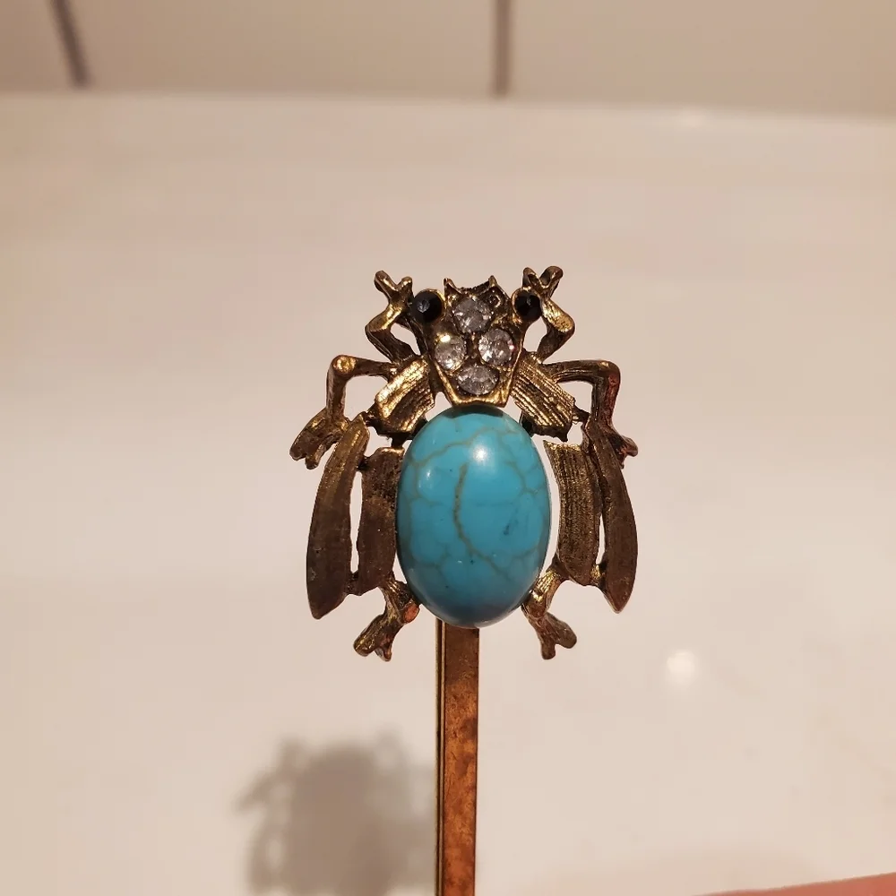 Turquoise Jem Beetle Brass Hair Pin Teal Stone Rhinestones Preppy Vintage Artsy